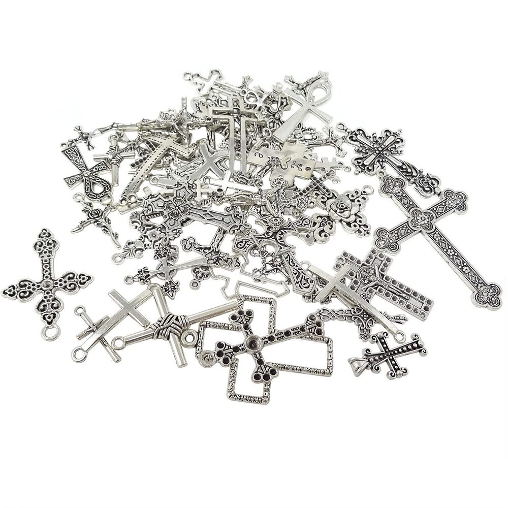 5438 70PCS Metal Mixed Cross Charms Pendant Antique Silver Plated Jesus